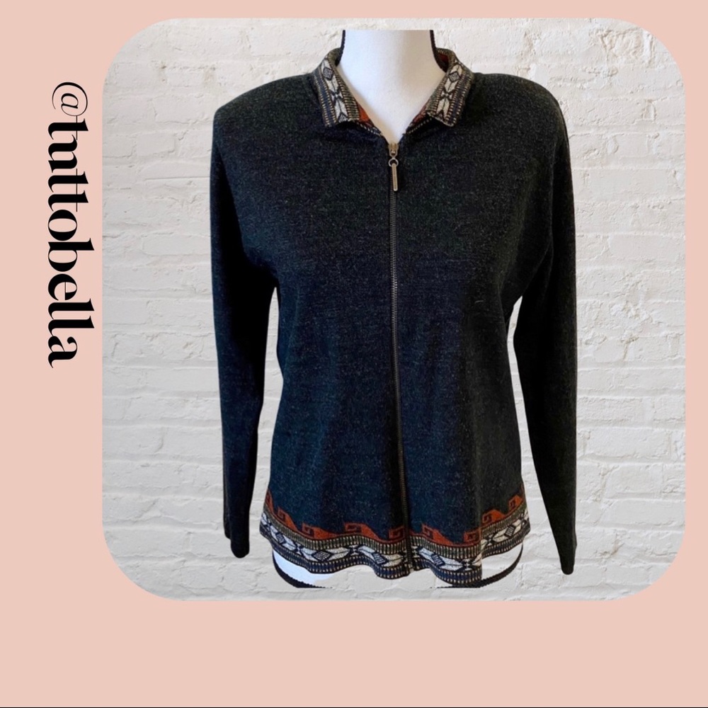 Vintage Karen Lessly Aztec Trim Zip Front Sweater Size Petite Small